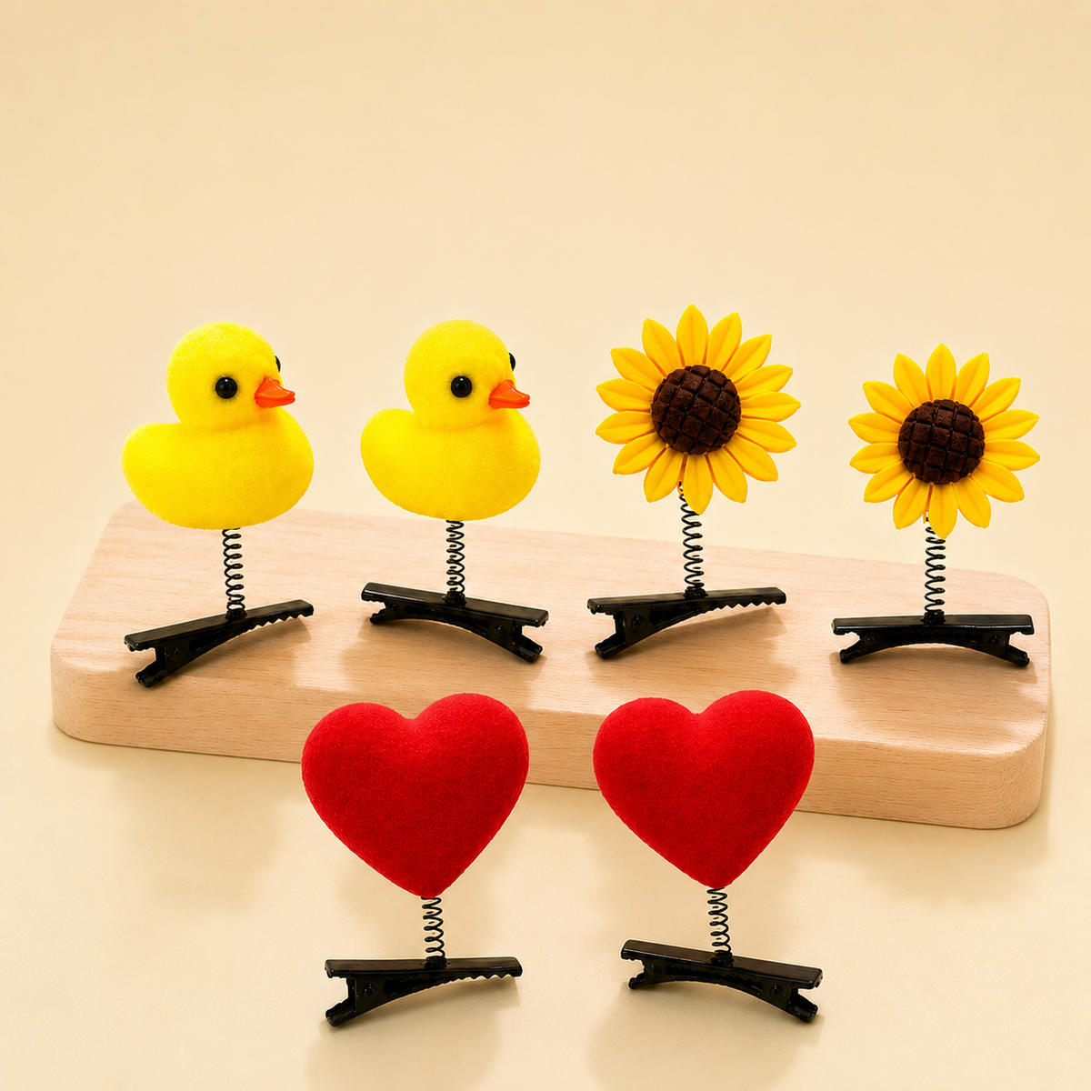 Cute Springy Duck, Sunflower & Heart Clips